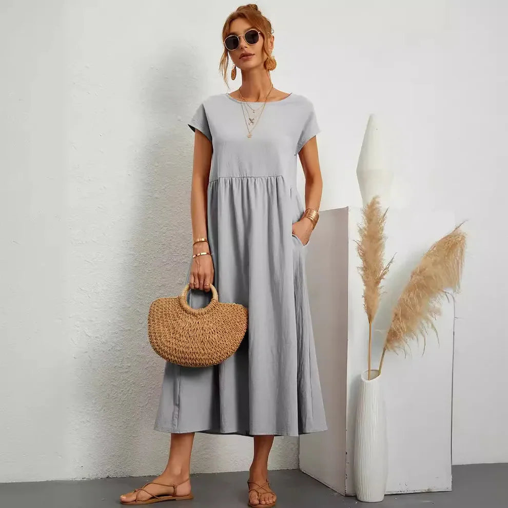 Robe Longue Femme Coton Lin | Manches Courtes Col Rond | Robe Estivale Ample