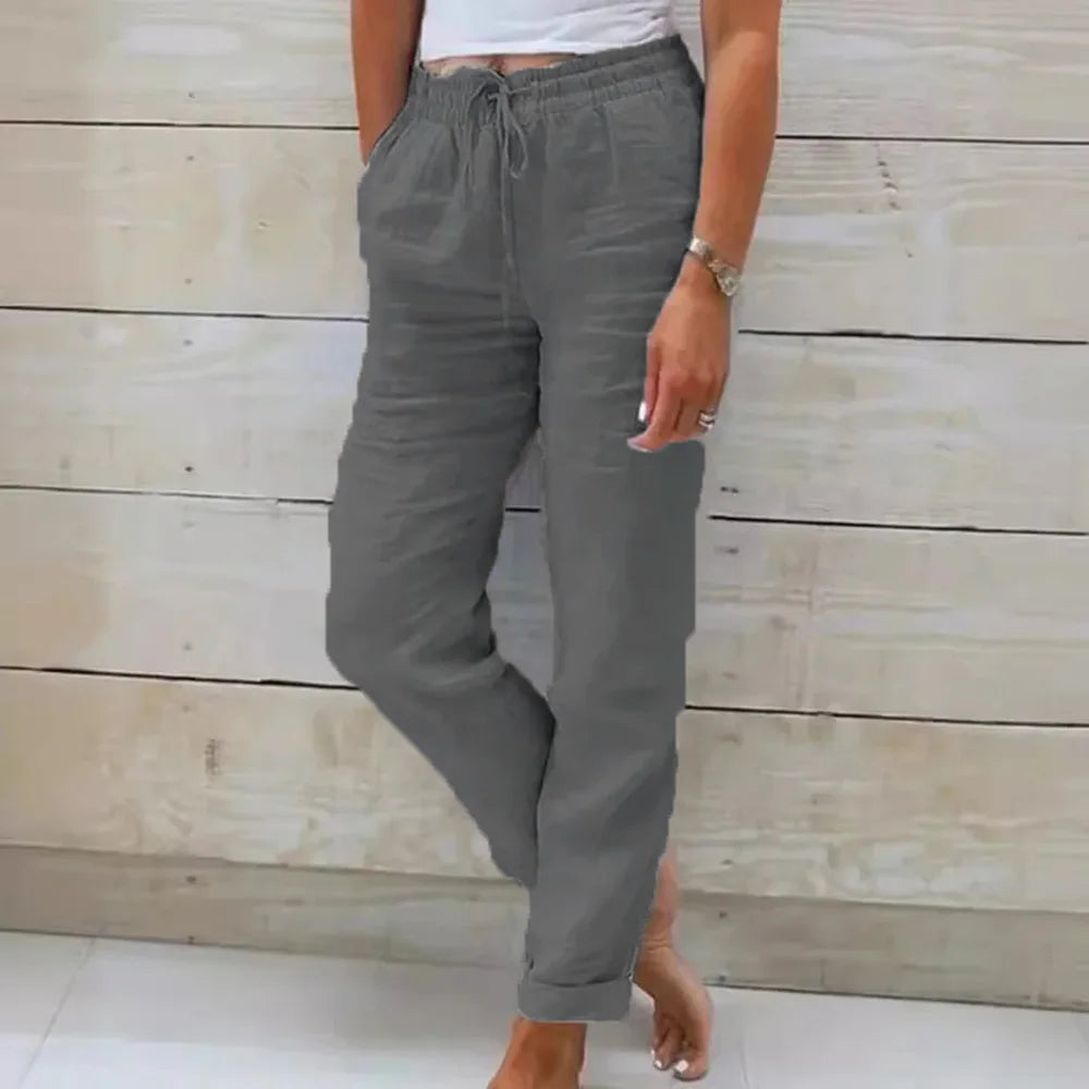 Women Summer Autumn Breathable Cotton Linen Trendy Pants Elastic Waist Straight Leg Solid Color Female Casual Baggy Trousers