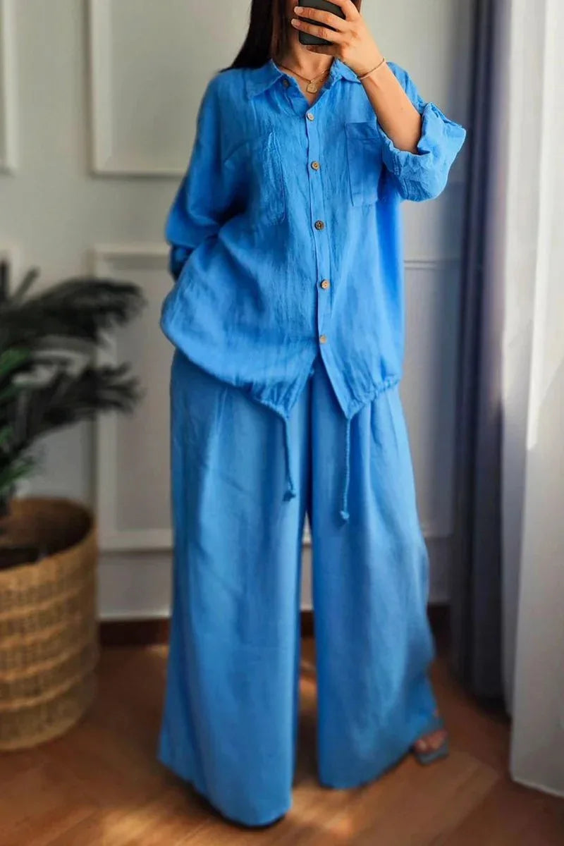 Ensemble Femme Chemise Boutonnée + Pantalon Large | 2 Pièces Lounge Wear Confort Vacances Été