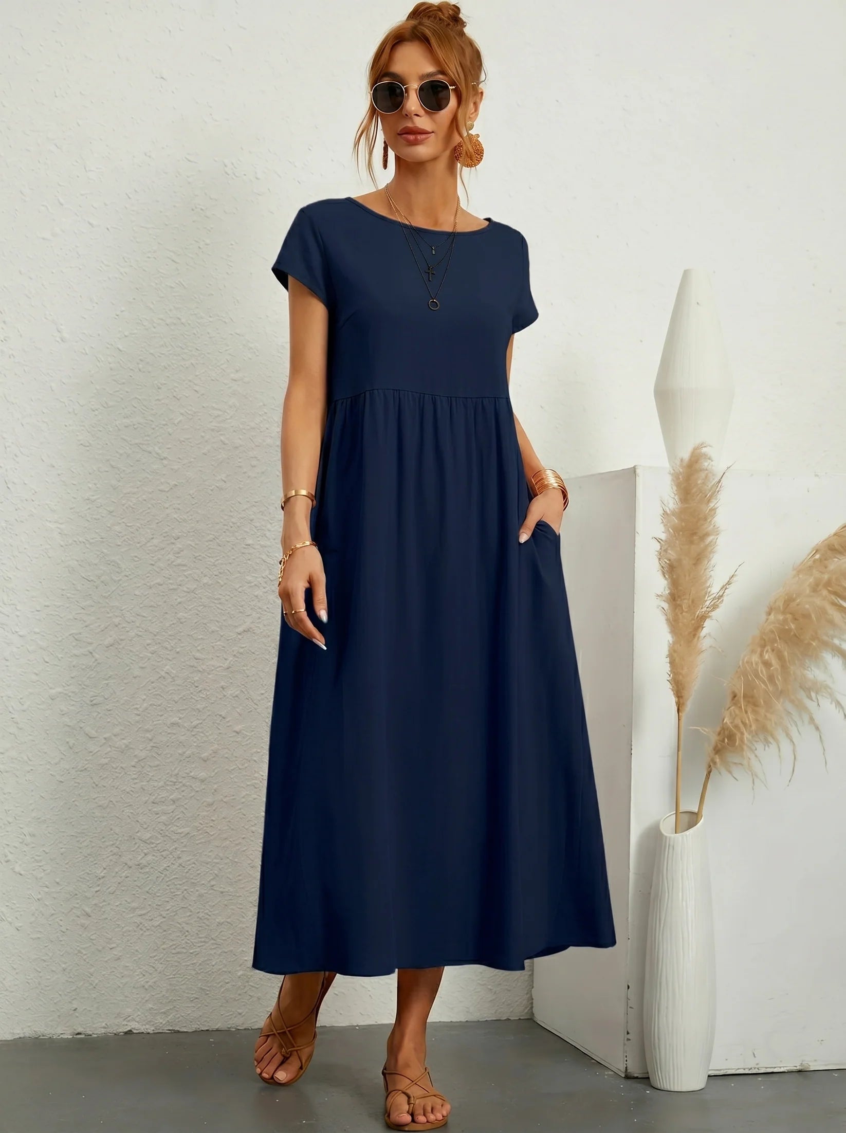 Robe Longue Femme Coton Lin | Manches Courtes Col Rond | Robe Estivale Ample