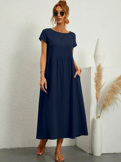 Robe Longue Femme Coton Lin | Manches Courtes Col Rond | Robe Estivale Ample