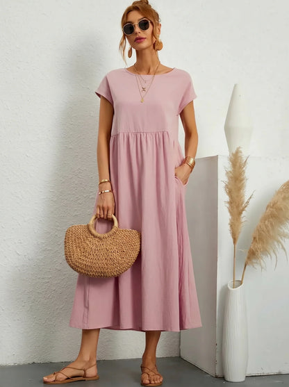 Robe Longue Femme Coton Lin | Manches Courtes Col Rond | Robe Estivale Ample