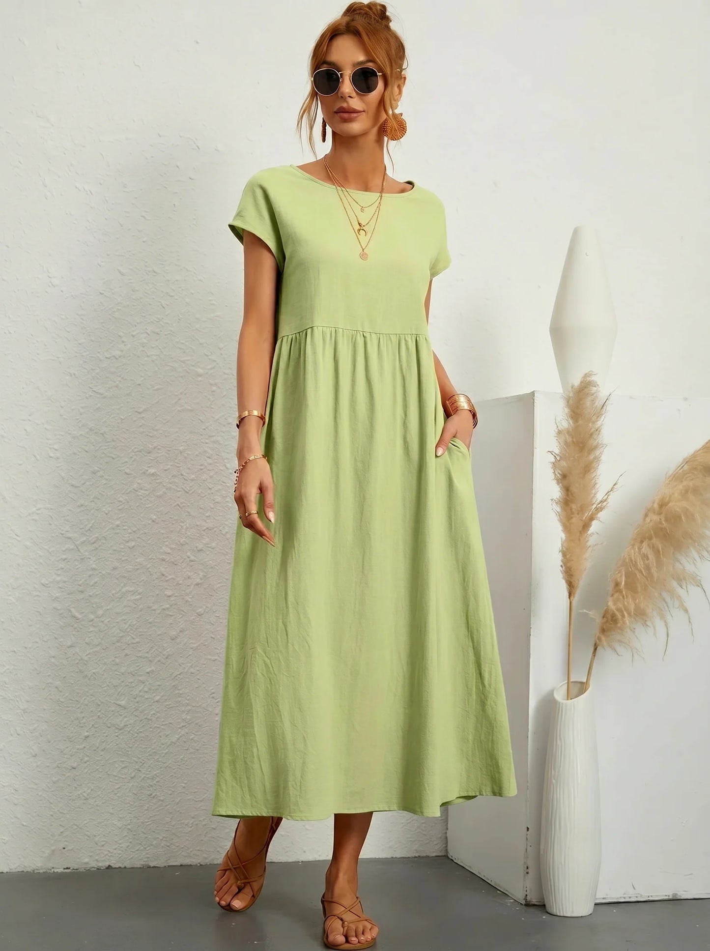 Robe Longue Femme Coton Lin | Manches Courtes Col Rond | Robe Estivale Ample
