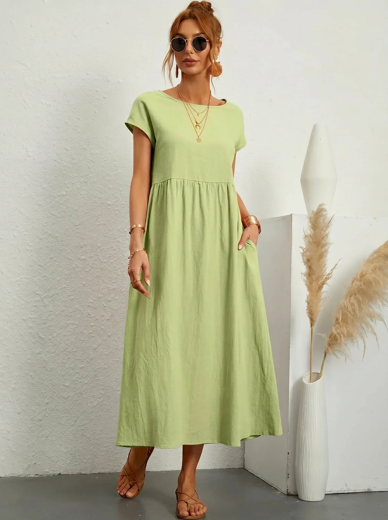 Robe Longue Femme Coton Lin | Manches Courtes Col Rond | Robe Estivale Ample