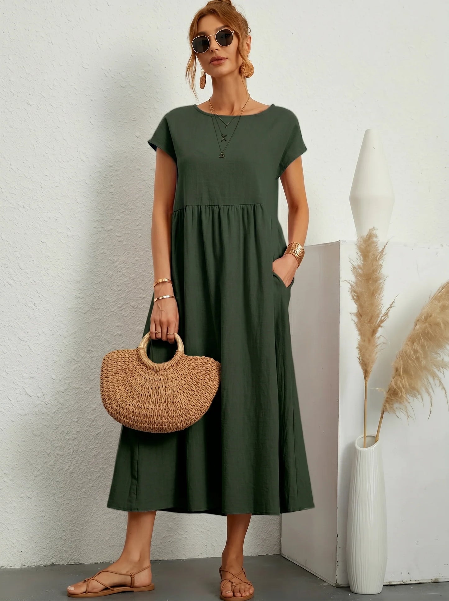Robe Longue Femme Coton Lin | Manches Courtes Col Rond | Robe Estivale Ample