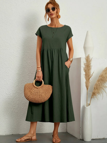 Robe Longue Femme Coton Lin | Manches Courtes Col Rond | Robe Estivale Ample