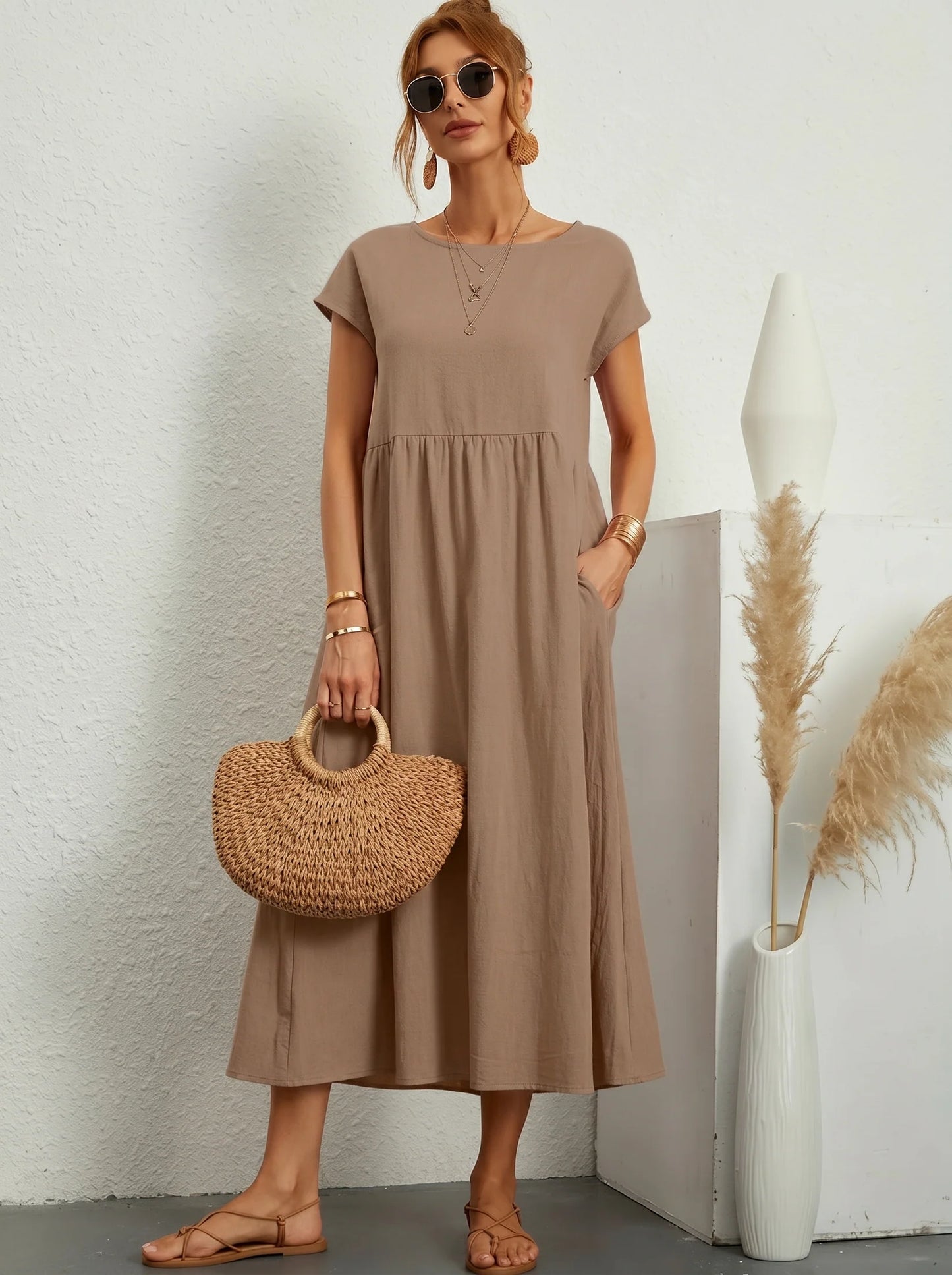 Robe Longue Femme Coton Lin | Manches Courtes Col Rond | Robe Estivale Ample