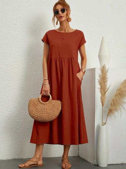 Robe Longue Femme Coton Lin | Manches Courtes Col Rond | Robe Estivale Ample