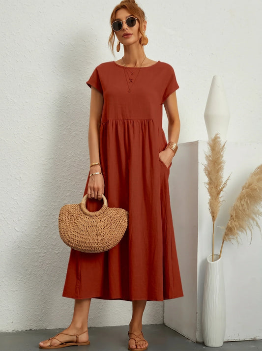 Robe Longue Femme Coton Lin | Manches Courtes Col Rond | Robe Estivale Ample