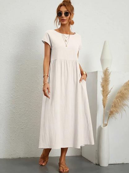 Robe Longue Femme Coton Lin | Manches Courtes Col Rond | Robe Estivale Ample