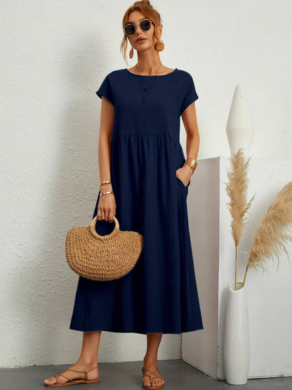 Robe Longue Femme Coton Lin | Manches Courtes Col Rond | Robe Estivale Ample