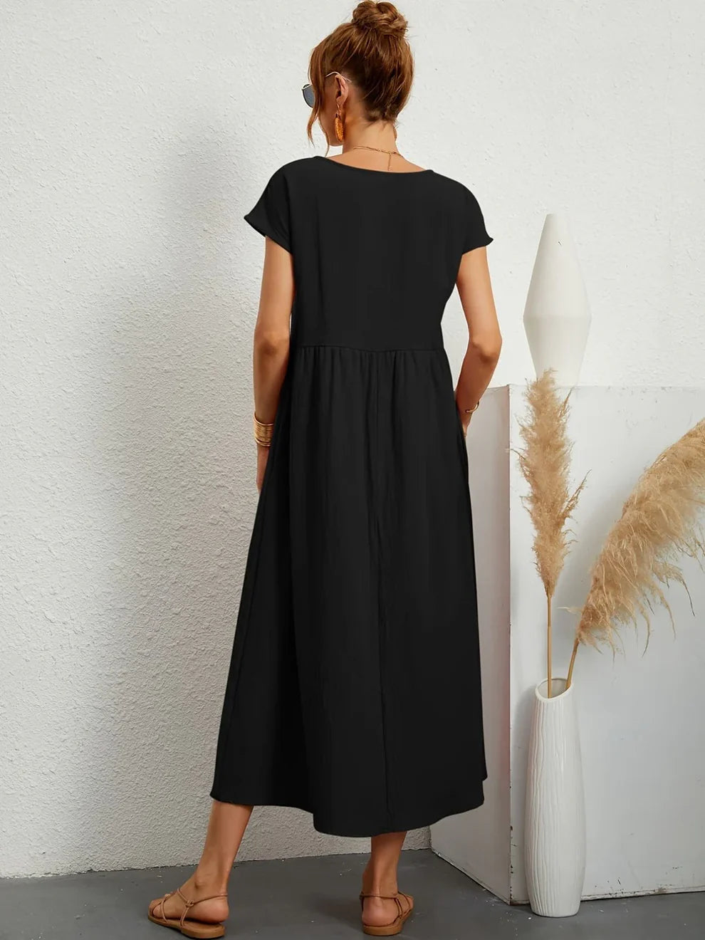 Robe Longue Femme Coton Lin | Manches Courtes Col Rond | Robe Estivale Ample