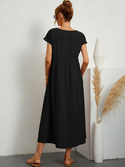 Robe Longue Femme Coton Lin | Manches Courtes Col Rond | Robe Estivale Ample