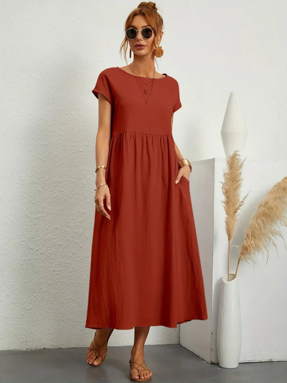Robe Longue Femme Coton Lin | Manches Courtes Col Rond | Robe Estivale Ample