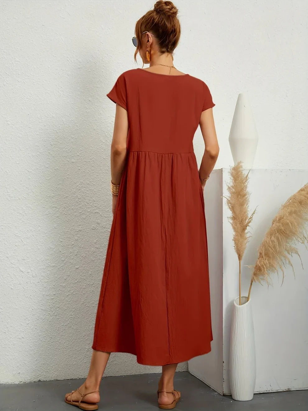 Robe Longue Femme Coton Lin | Manches Courtes Col Rond | Robe Estivale Ample