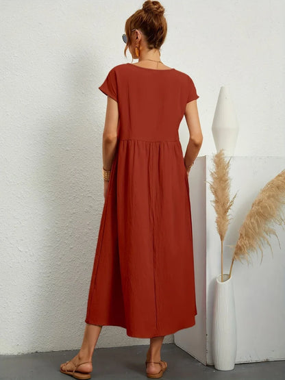 Robe Longue Femme Coton Lin | Manches Courtes Col Rond | Robe Estivale Ample
