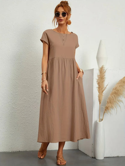 Robe Longue Femme Coton Lin | Manches Courtes Col Rond | Robe Estivale Ample
