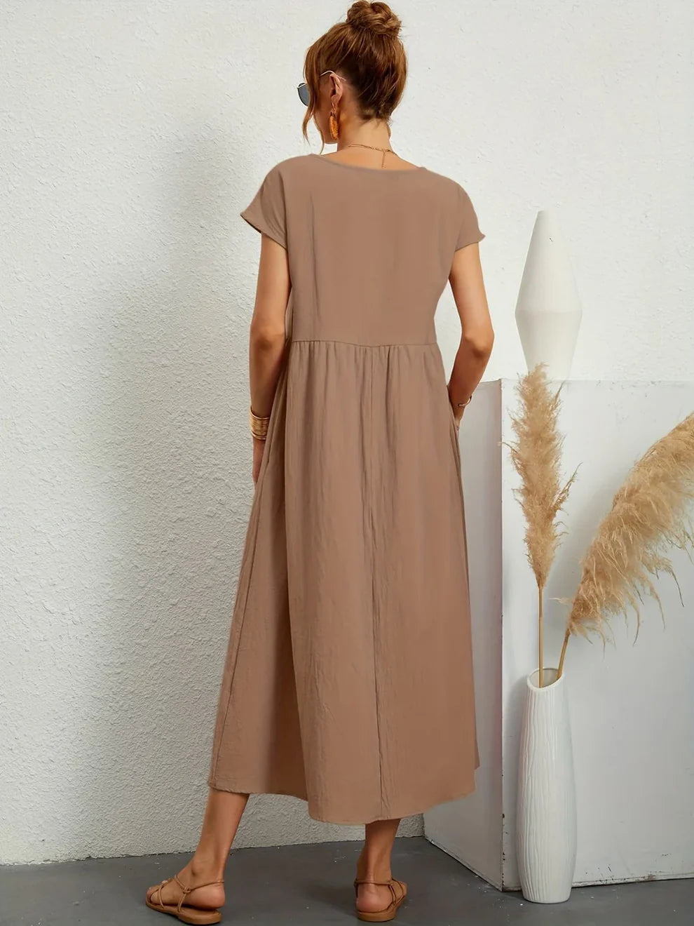 Robe Longue Femme Coton Lin | Manches Courtes Col Rond | Robe Estivale Ample