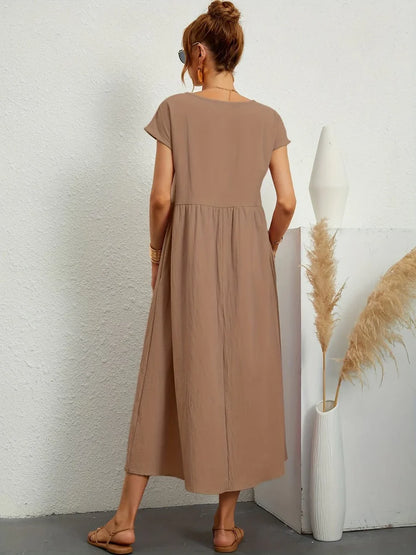 Robe Longue Femme Coton Lin | Manches Courtes Col Rond | Robe Estivale Ample