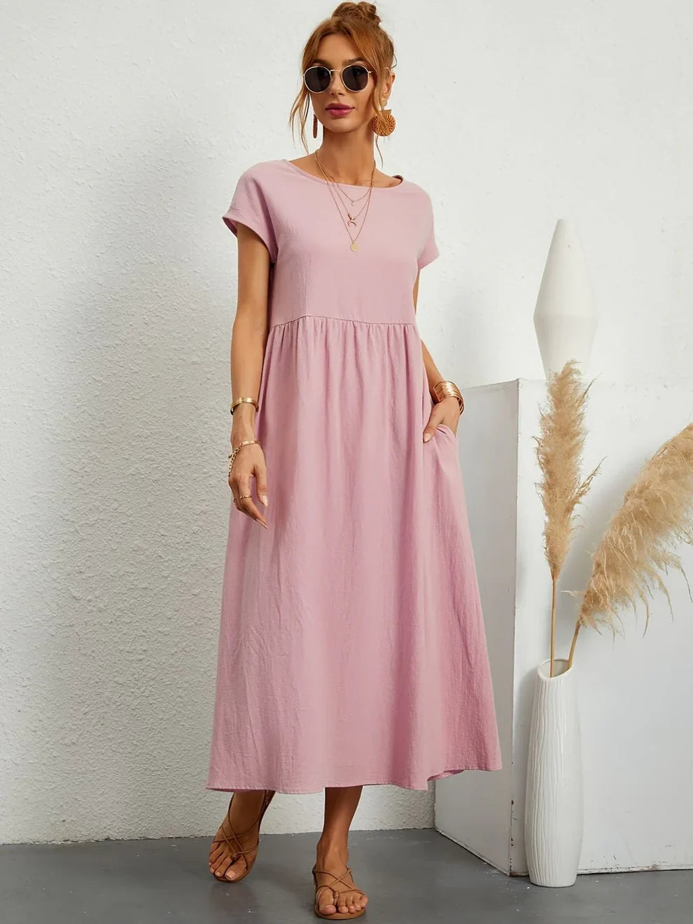 Robe Longue Femme Coton Lin | Manches Courtes Col Rond | Robe Estivale Ample