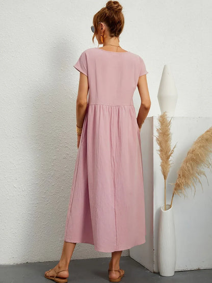 Robe Longue Femme Coton Lin | Manches Courtes Col Rond | Robe Estivale Ample