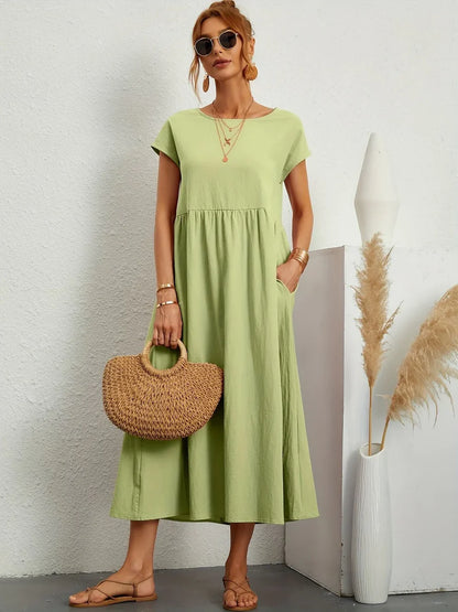 Robe Longue Femme Coton Lin | Manches Courtes Col Rond | Robe Estivale Ample
