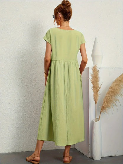Robe Longue Femme Coton Lin | Manches Courtes Col Rond | Robe Estivale Ample
