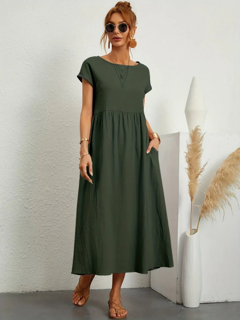 Robe Longue Femme Coton Lin | Manches Courtes Col Rond | Robe Estivale Ample