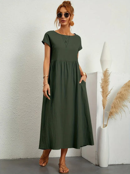 Robe Longue Femme Coton Lin | Manches Courtes Col Rond | Robe Estivale Ample