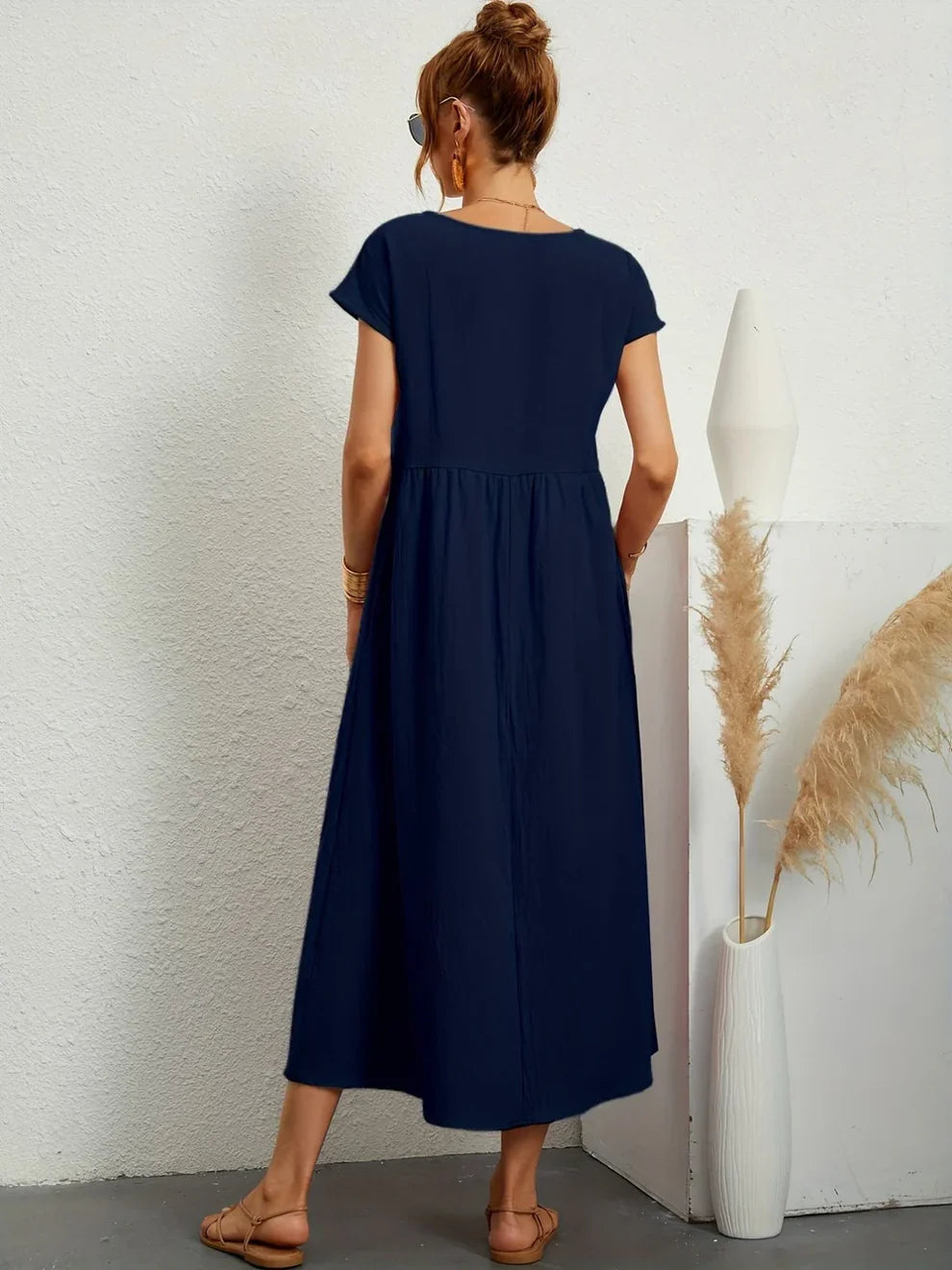 Robe Longue Femme Coton Lin | Manches Courtes Col Rond | Robe Estivale Ample