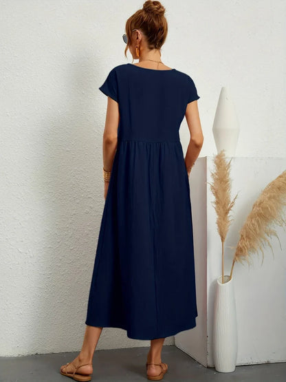 Robe Longue Femme Coton Lin | Manches Courtes Col Rond | Robe Estivale Ample