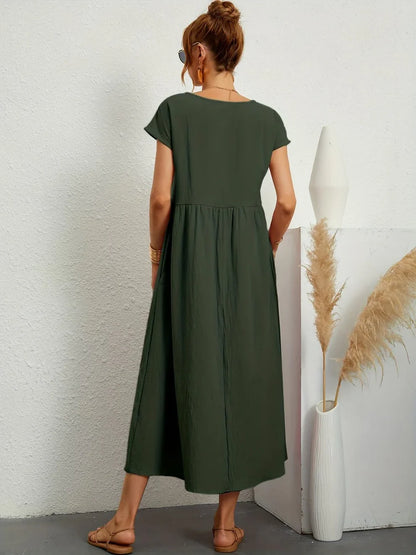 Robe Longue Femme Coton Lin | Manches Courtes Col Rond | Robe Estivale Ample