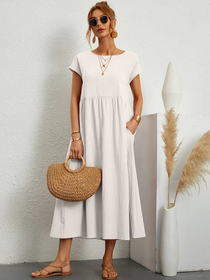 Robe Longue Femme Coton Lin | Manches Courtes Col Rond | Robe Estivale Ample