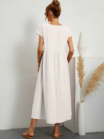 Robe Longue Femme Coton Lin | Manches Courtes Col Rond | Robe Estivale Ample