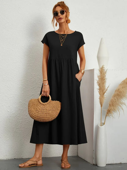 Robe Longue Femme Coton Lin | Manches Courtes Col Rond | Robe Estivale Ample