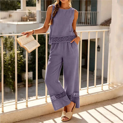 Ensemble 2 Pièces Femme Top Dentelle + Pantalon Large | Vacation Beach Chic | Tenue Été Légère