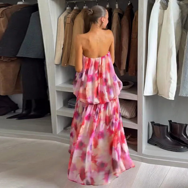 Robe Longue Femme Bandeau Épaules Dénudées | Effet Dégradé Dentelle Maxi | Robe de Soirée Été 2026