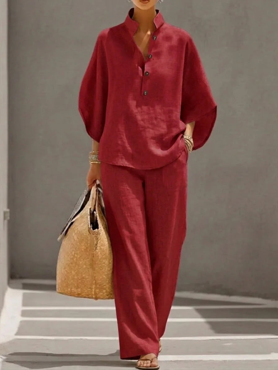 Ensemble Femme Cardigan Boutonné Ample + Pantalon Coordonné | 2 Pièces Casual Confort Quotidien