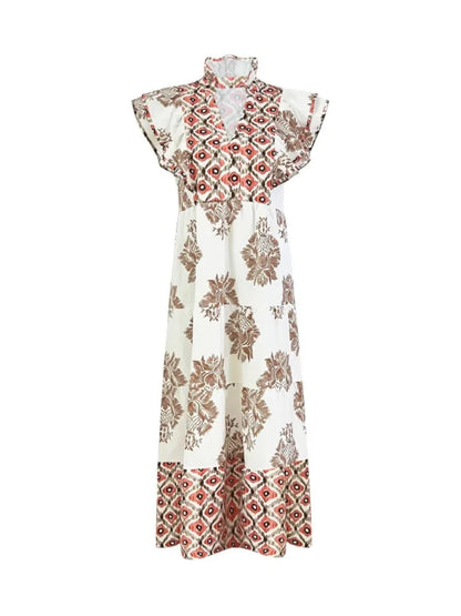 Robe Midi Femme Florale Col Montant | Manches Courtes Coupe A-Line | Robe de Fête Estivale Ample