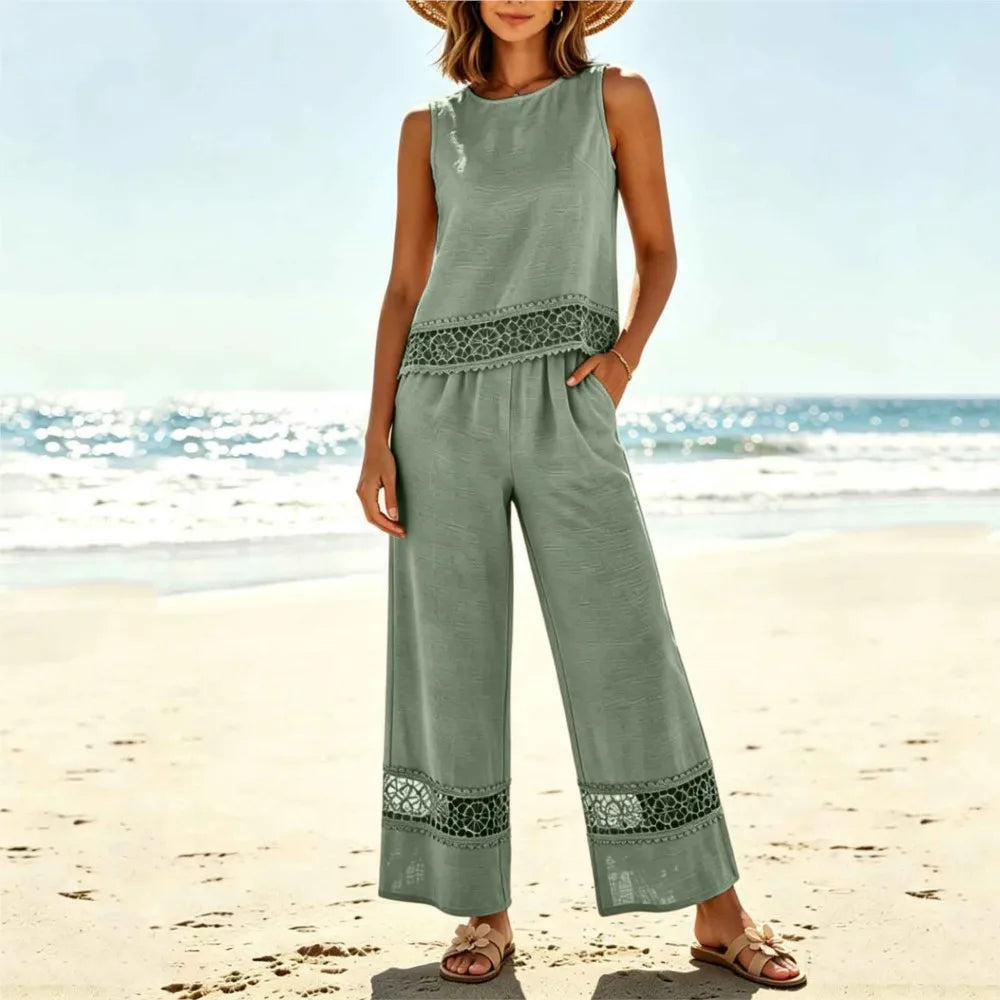 Ensemble 2 Pièces Femme Top Dentelle + Pantalon Large | Vacation Beach Chic | Tenue Été Légère