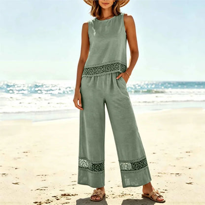 Ensemble 2 Pièces Femme Top Dentelle + Pantalon Large | Vacation Beach Chic | Tenue Été Légère