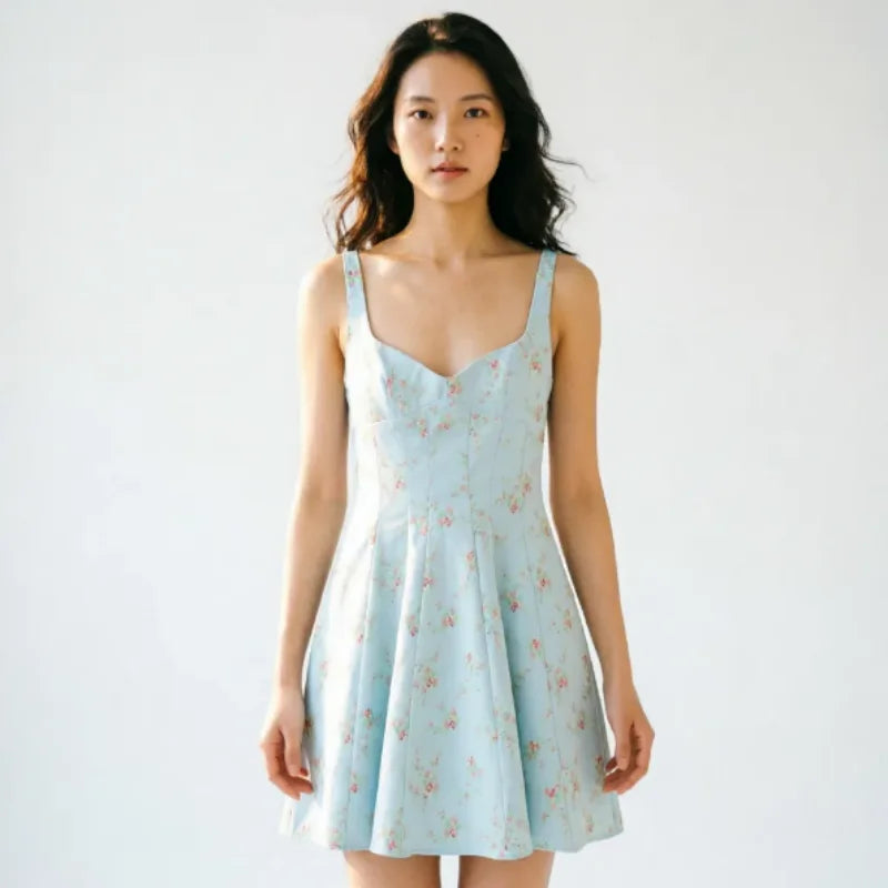 Robe Mini Femme Bretelles Fleurie Popeline | Dos Ouvert Style Vacances | Robe Estivale Légère 2026