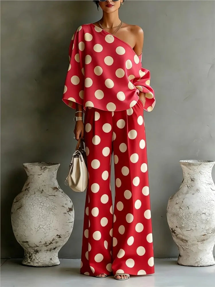 Ensemble Femme Imprimé Pois Top Épaule Dénudée + Pantalon Large | 2 Pièces Vacation Été Tendance