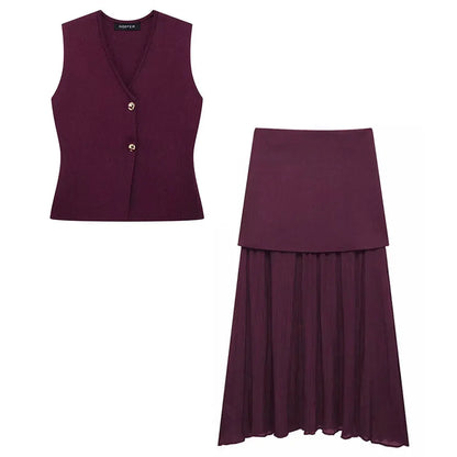 Ensemble Tricot Femme Top Col V + Jupe Longue Fendue | 2 Pièces Bordeaux Élégant Soirée