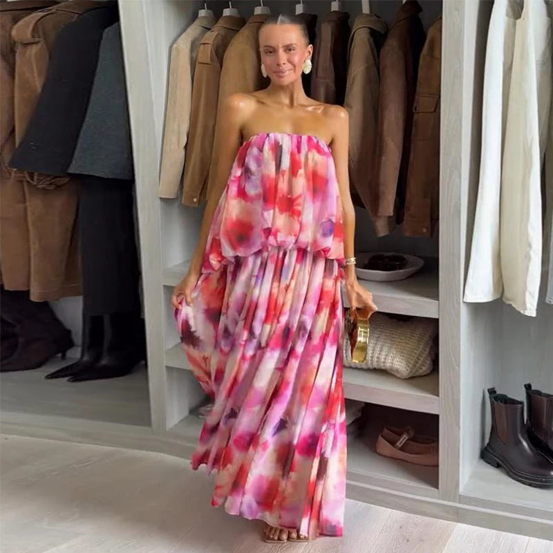 Robe Longue Femme Bandeau Épaules Dénudées | Effet Dégradé Dentelle Maxi | Robe de Soirée Été 2026