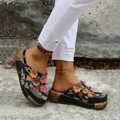 Sandales Artisanales Femme Ethnique Fleurs | Plateforme Légère Slip-On | Chaussures Bohème Plage Confort