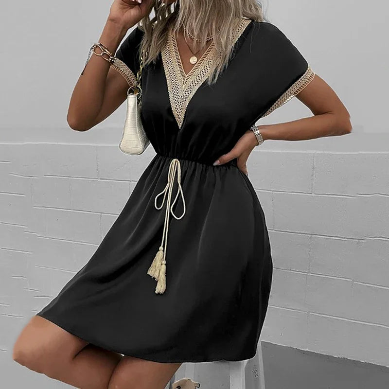 Robe Mi-Longue Femme Dentelle Col V | Manches Courtes Ceinturée | Robe Blanche Élégante Été