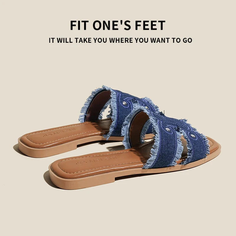 Sandales Femme Cuir Véritable Mouton Denim | Slip-On Plates Style Casual | Chaussures Cuir Naturel Été