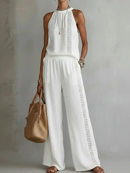 Ensemble Femme Top Halter Neck + Pantalon Large Dentelle Rétro | 2 Pièces Sexy Chic Été 2026