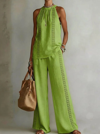 Ensemble Femme Top Halter Neck + Pantalon Large Dentelle Rétro | 2 Pièces Sexy Chic Été 2026